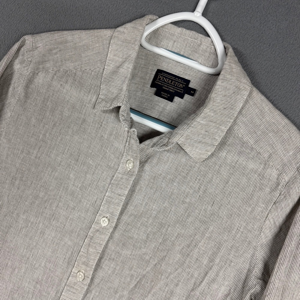 Pendleton Shirt Mens Medium Beige Gray Micro Stripe Button Down Linen Cotton